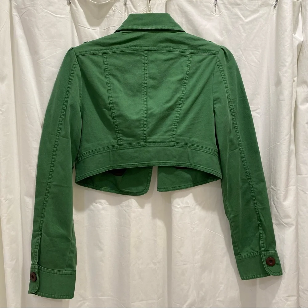 London Jean Chino Stretch Green Cropped Jean Jacket Size S - Picture 2 of 9
